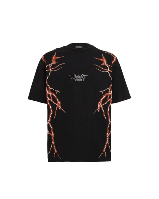 Phobia BLACK T-SHIRT WITH LATERAL ORANGE LIGHTNING PRINT AND EMBROIDERY GOTHIC LOGO