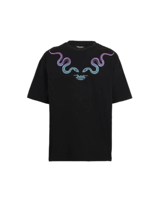 Phobia BLACK T-SHIRT WITH PINK AND BLUE SNAKE PRINT