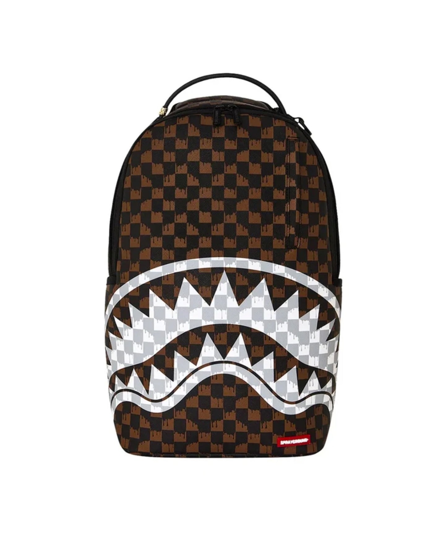 SPRAYGROUND BROWN AND CREAM DRIP CHECK SHARK BACKPACK