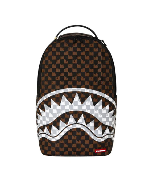 SPRAYGROUND BROWN AND CREAM DRIP CHECK SHARK BACKPACK