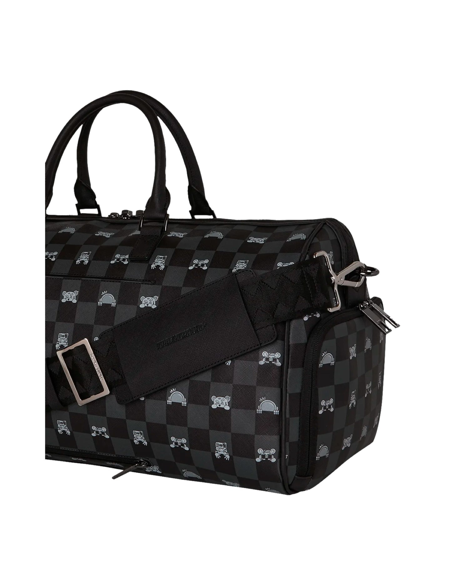 SPRAYGROUND GRAY PEEKING CHARACTER CHECK DUFFLE