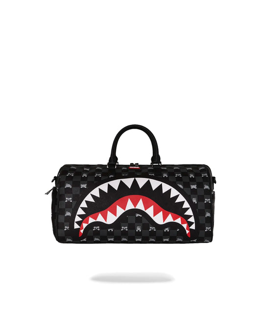 SPRAYGROUND GRAY PEEKING CHARACTER CHECK DUFFLE