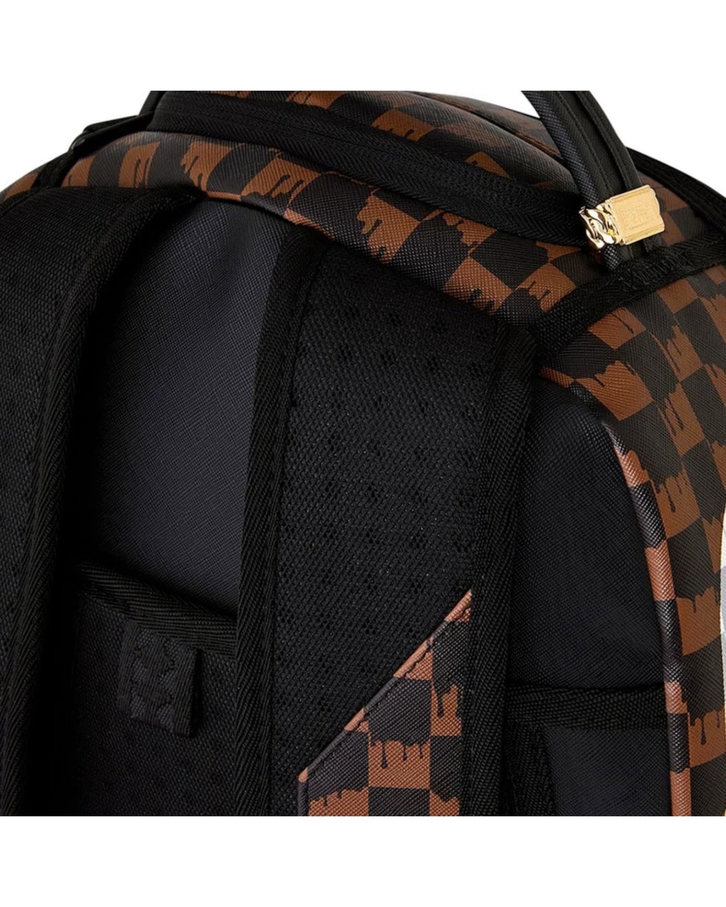 SPRAYGROUND BROWN AND CREAM DRIP CHECK SHARK BACKPACK