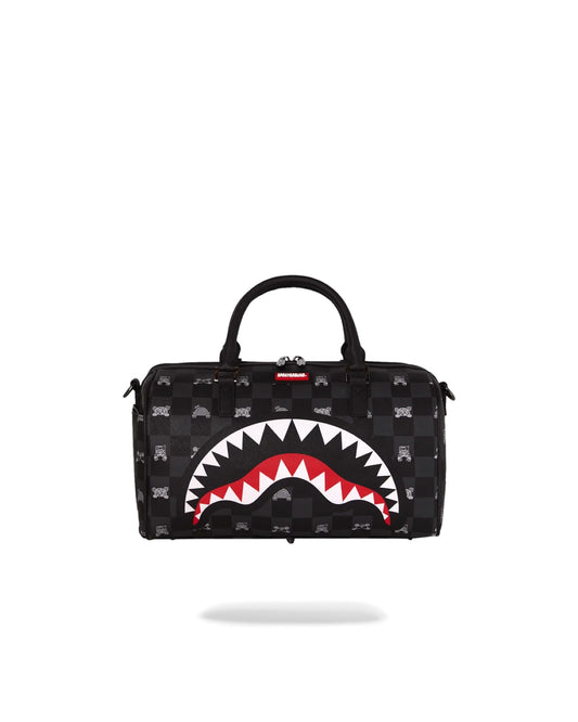 SPRAYGROUND GRAY PEEKING CHARACTER CHECK MINI DUFFLE