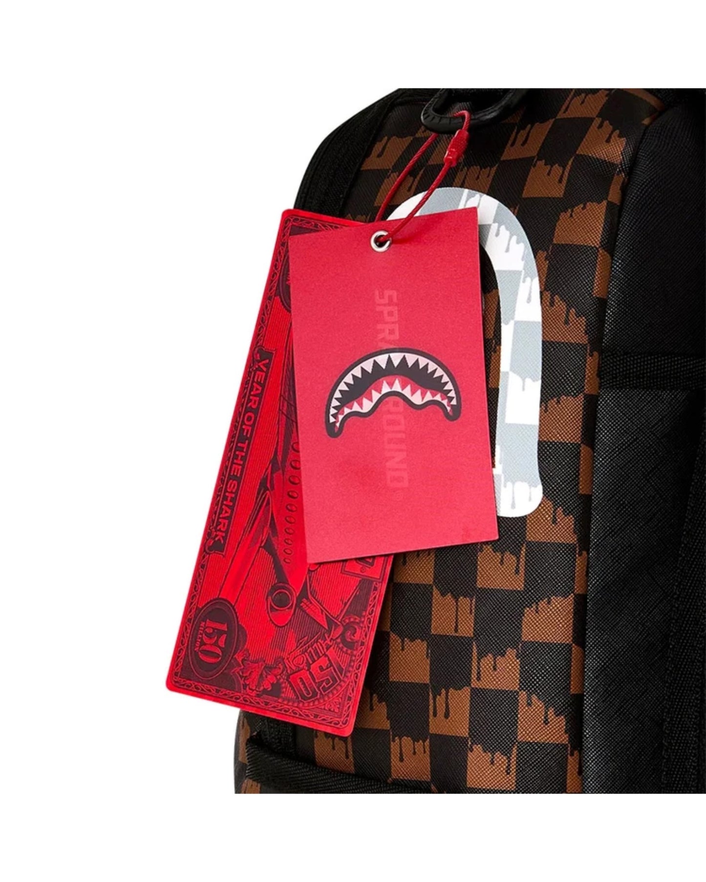 SPRAYGROUND BROWN AND CREAM DRIP CHECK SHARK BACKPACK