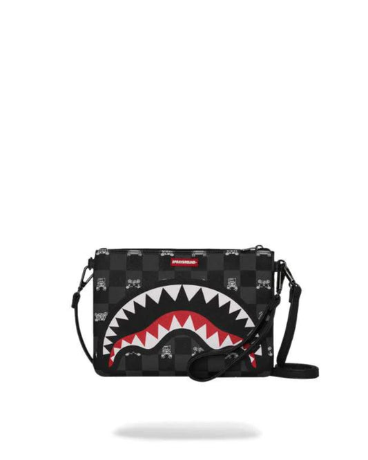 SPRAYGROUND GRAY PEEKING CHARACTER CHECK CROSSOVER CLUTCH